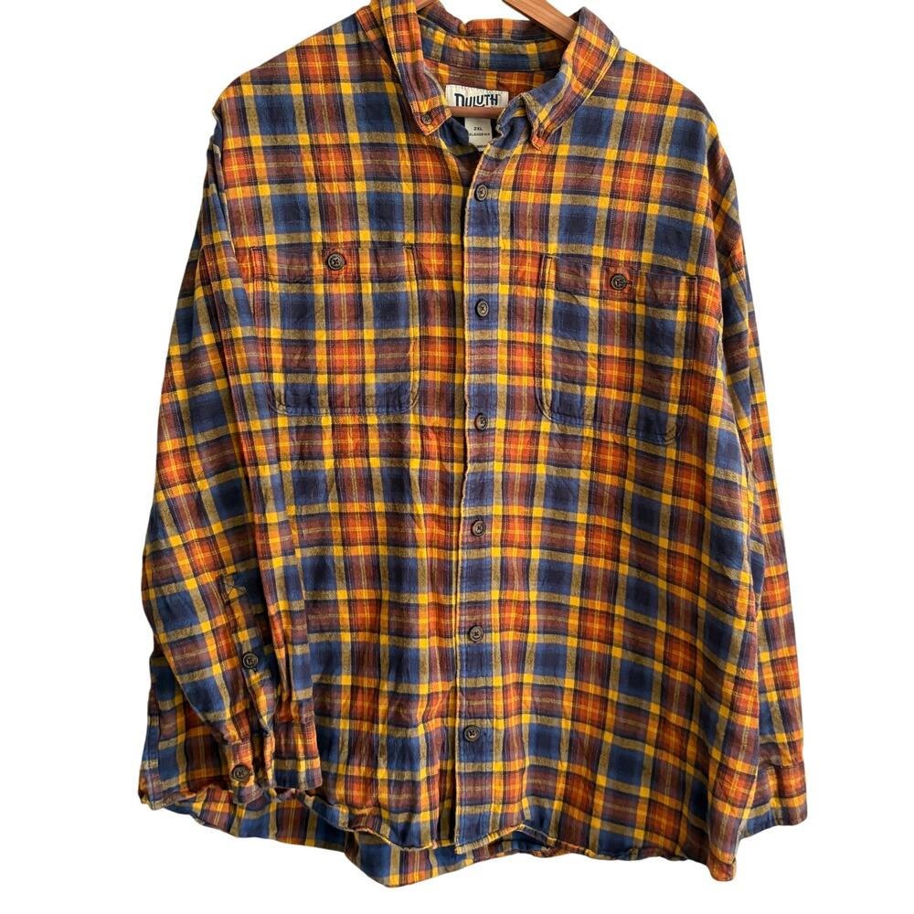 Duluth Trading Company Mens Flannel Shirt 2XL 2X Navy Blue Mustard Yellow Rust